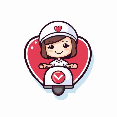 Cute cartoon girl on scooter with heart icon. Vector illustratio