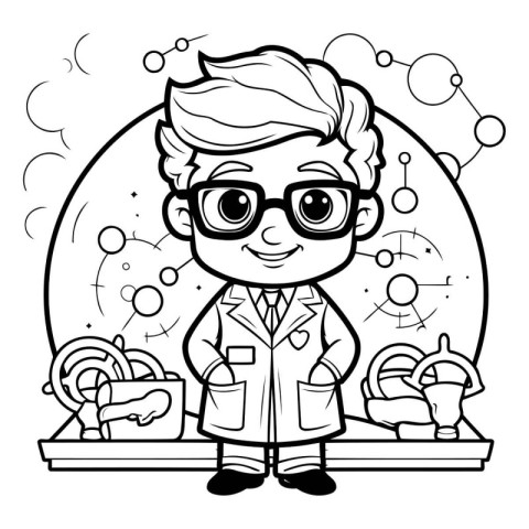 Black and White Cartoon Illustration of a Kid Boy Scientist or P