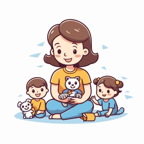 Mother and children playing together. Vector illustration in a f