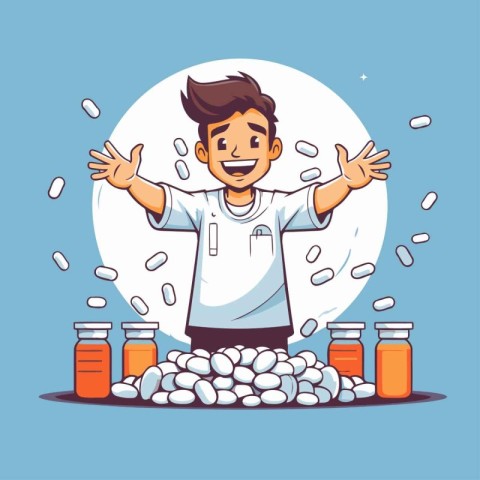 Cartoon man with pills. Health care concept. Vector illustration