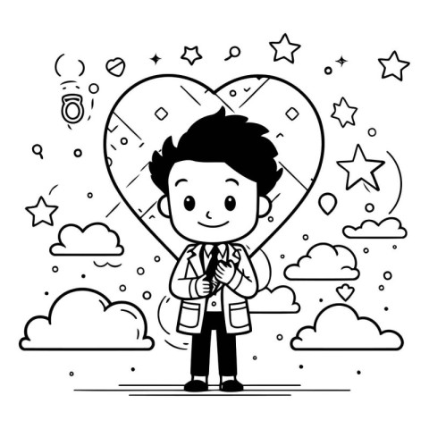 Boy with heart and stars in the sky. Vector illustration for col