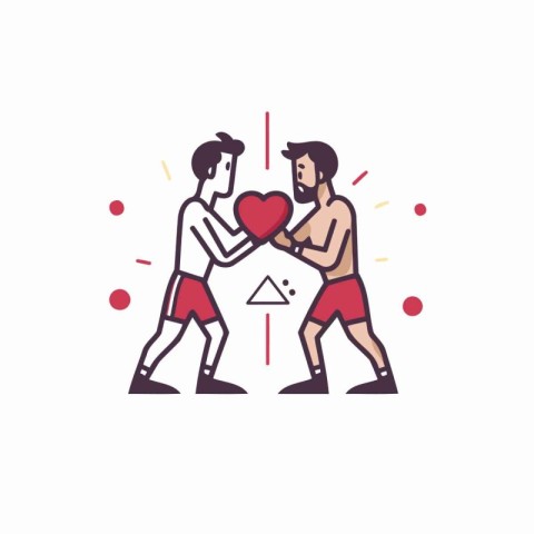 Boxing concept. Two boxers fighting with red heart. Vector illus