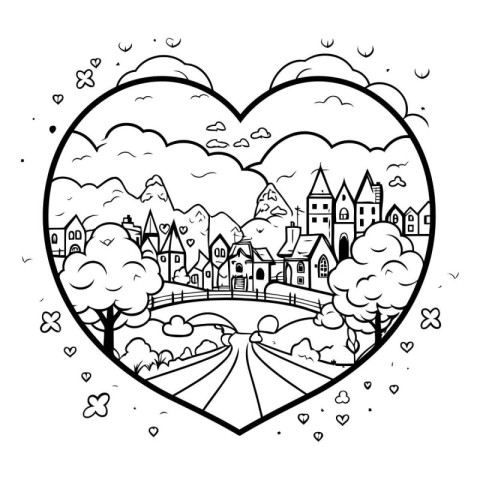 Love city in heart shape. Black and white vector illustration fo