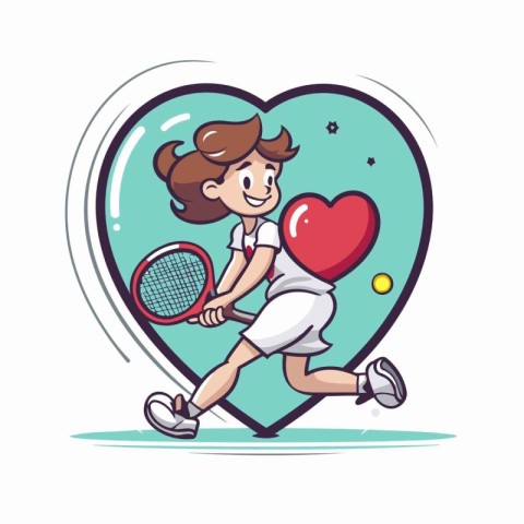 Illustration of a tennis player with a racket and a red heart