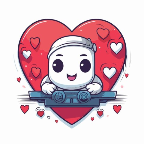 Cute astronaut driving a car with hearts around. Vector illustra