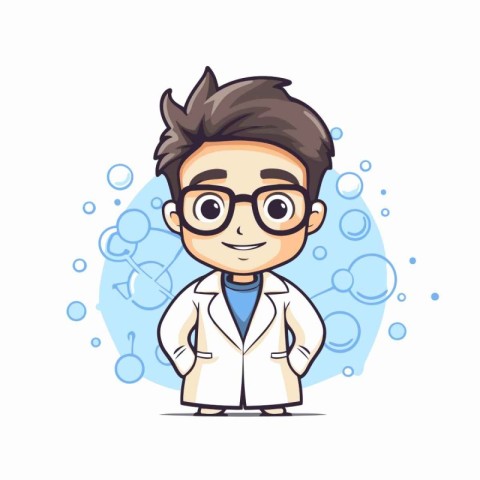 Cartoon boy scientist in lab coat and glasses. Vector illustrati