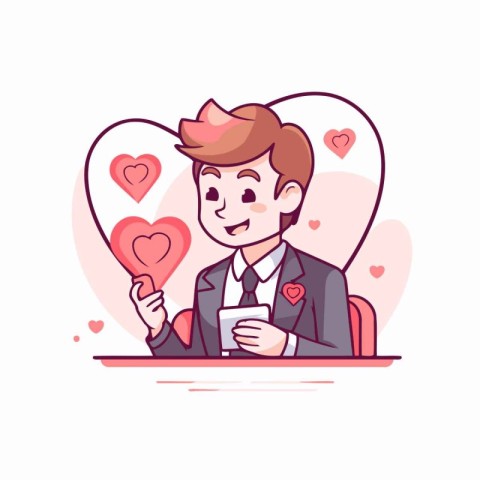 Vector illustration of young man with cup of coffee and heart on