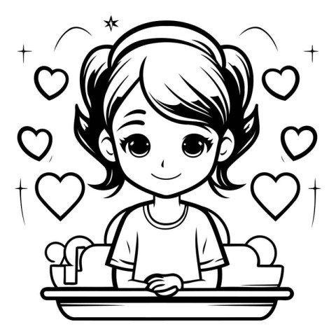 Black and White Cartoon Illustration of Cute Little Girl Eating