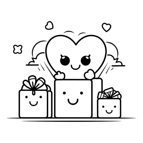 Cute cartoon heart character with gift box. Vector line art illu