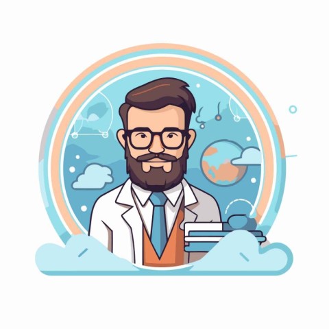 Hipster doctor with beard and mustache in round frame. Vector il