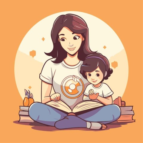 Mother reading book with her daughter. Vector illustration in ca