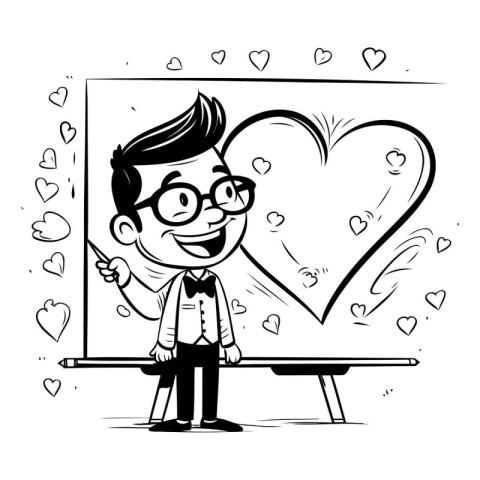 Vector cartoon illustration of man teacher standing in front of