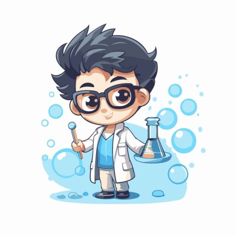 Scientist boy cartoon character with science equipment. Vector i