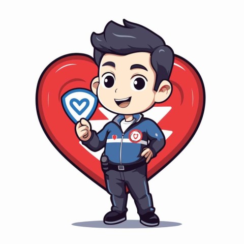 Cute boy holding heart shape in his hand. Vector illustration.