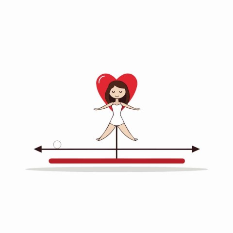 Woman balancing on seesaw with red heart. Flat design vector ill