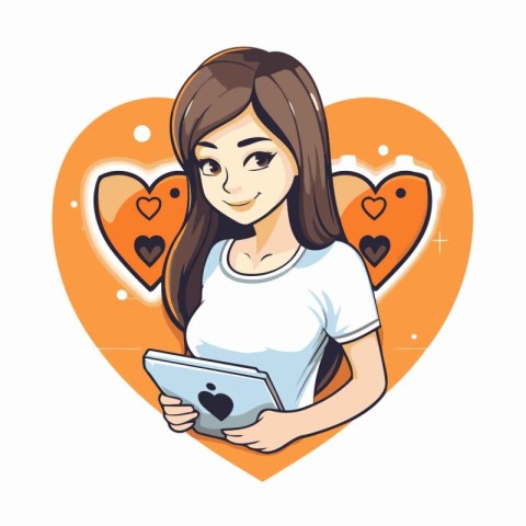 Cute girl with tablet in heart shape. Vector clip art.