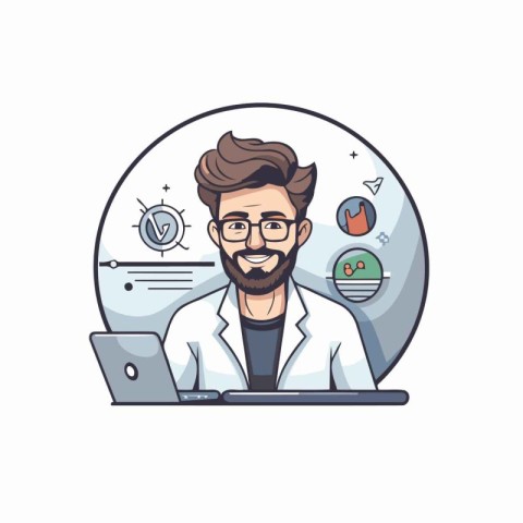 Doctor with laptop and medical icons. Vector illustration in car