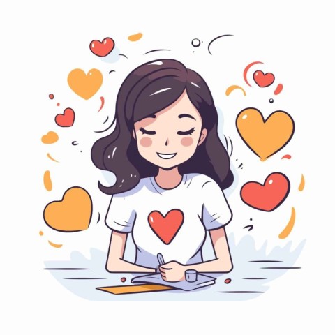 Lovely girl writing in notebook with hearts around. Vector illus