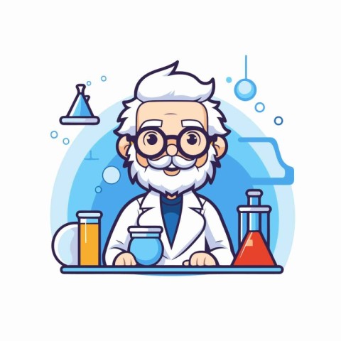 Scientist cartoon character in lab coat. glasses and cap. Vector