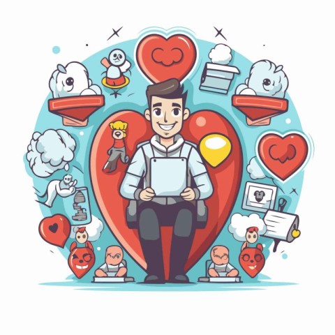 Online dating concept. Man sitting on the big red heart. Vector