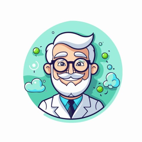 Vector illustration of a scientist in a lab coat and glasses. Ca