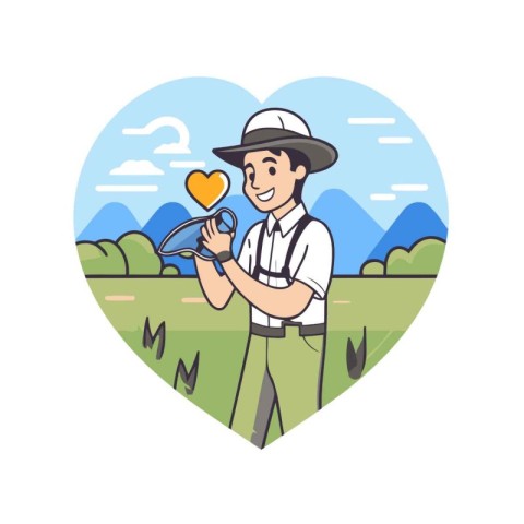 Gardener with a heart in the field. Vector illustration.