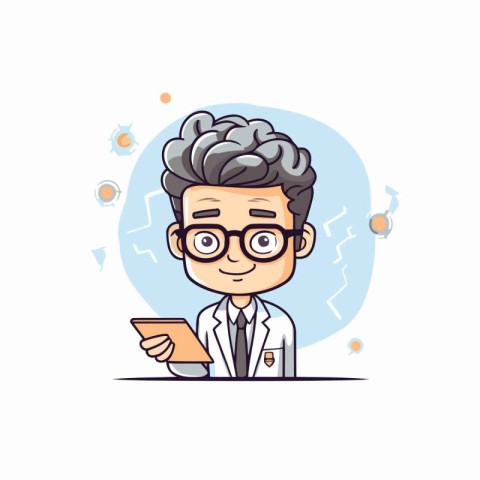 Vector illustration of scientist with a tablet in his hands. Car