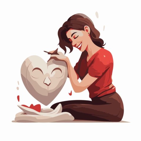 Beautiful young woman painting a heart. Vector illustration in c