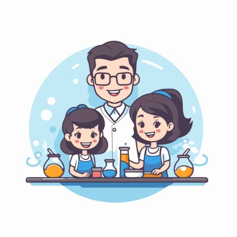 Vector illustration of a cute little girl and her teacher in che