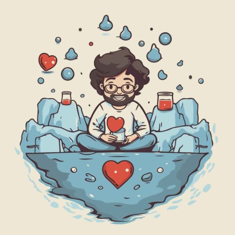 Vector illustration of a man sitting in the water and holding a