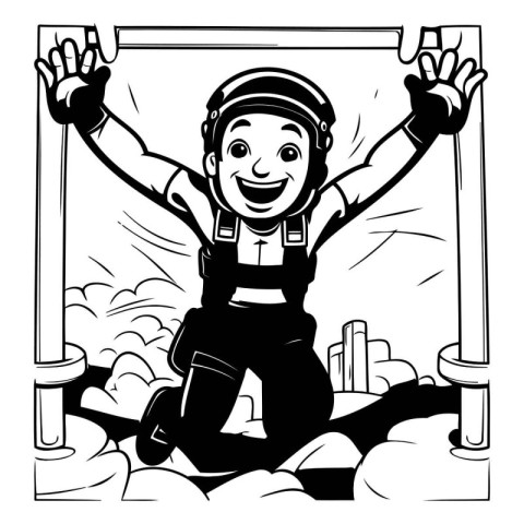 Black and White Cartoon Illustration of Happy Smiling Astronaut