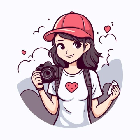 Vector illustration of a girl in a cap with a camera in her hand