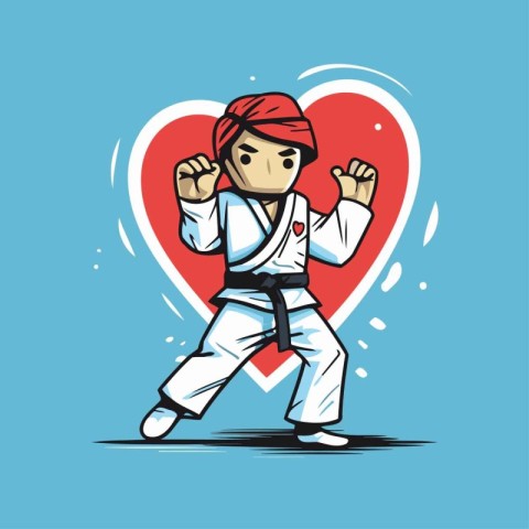 Taekwondo fighter with red heart. cartoon vector illustration.