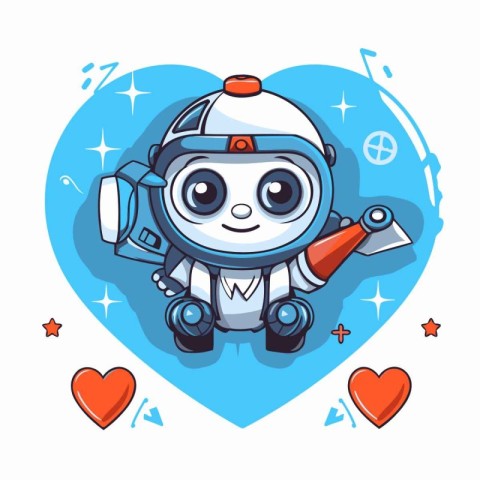 Cute cartoon robot with heart on white background. Vector illust