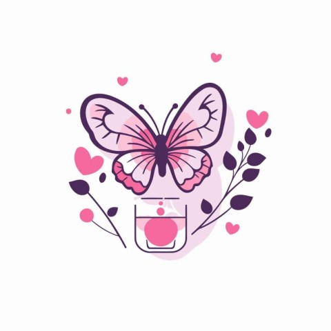 Butterfly with flower and hearts. Vector illustration in flat st