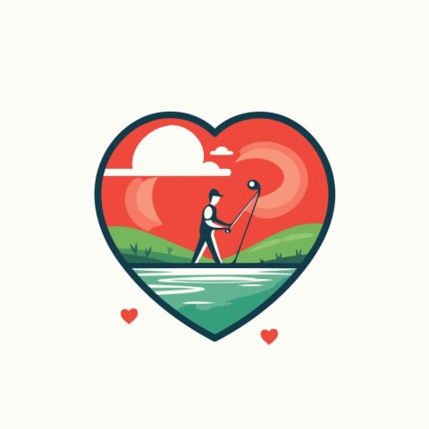 Fisherman with a fishing rod in the heart shape. Vector illustra