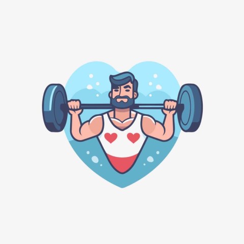 Fitness club emblem with strong man lifting dumbbell. Vector ill