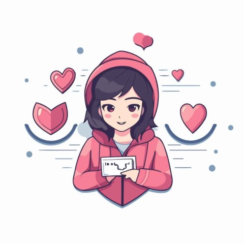 Cute girl in pink hoodie holding a card. Vector illustration.