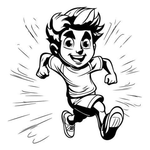 Running boy. Black and white vector illustration of a running bo