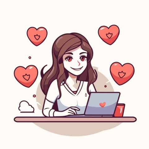 Young woman working on laptop with hearts around her. Vector ill