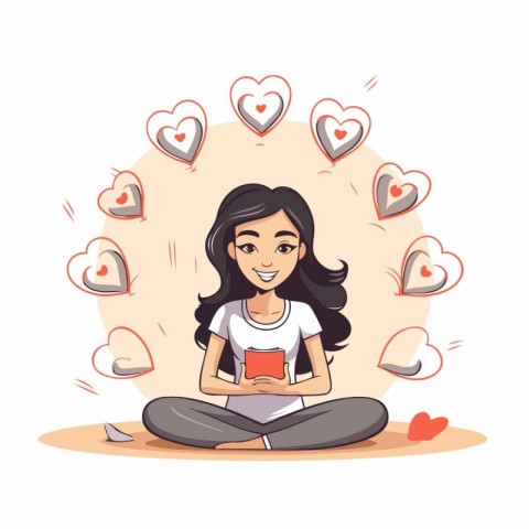 Young woman sitting in lotus position and reading book. Vector i