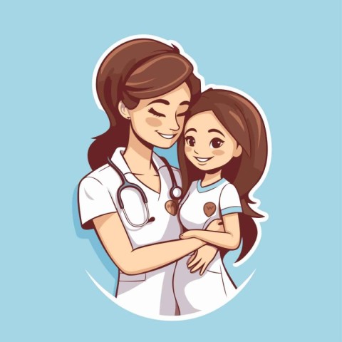 Nurse with a little girl. Vector illustration in cartoon style.