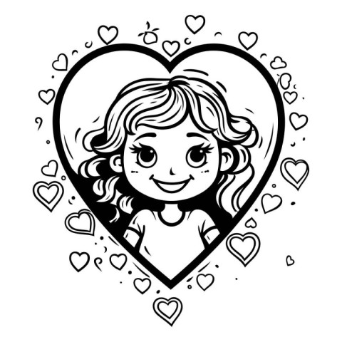 Cute little girl in heart shape. Black and white vector illustra