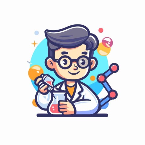 Cartoon scientist holding test tube. Vector illustration in flat