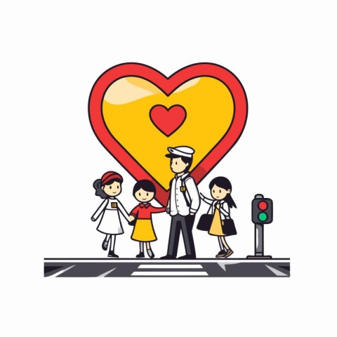 cute cartoon couple in love on crosswalk with heart vector illus