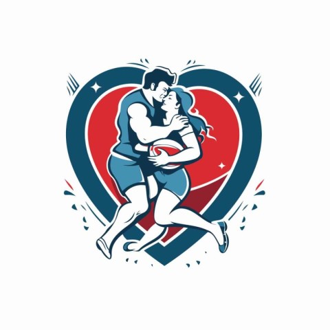 Rugby player with ball in heart shape. Vector illustration.