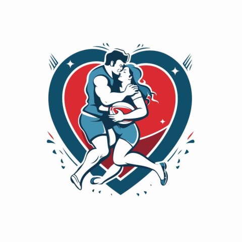 Rugby player with ball in heart shape. Vector illustration.
