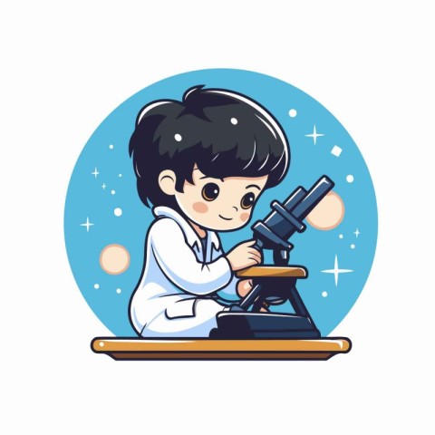 Boy scientist cartoon character with microscope. Vector illustra