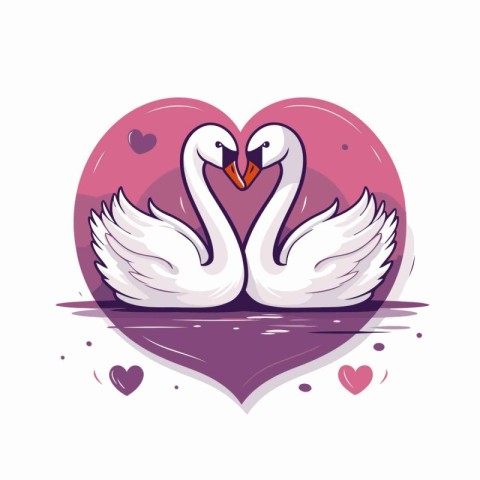 Two swans in love on a heart background. Vector illustration.