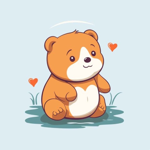 Cute cartoon bear sitting on the ground with a heart. Vector ill